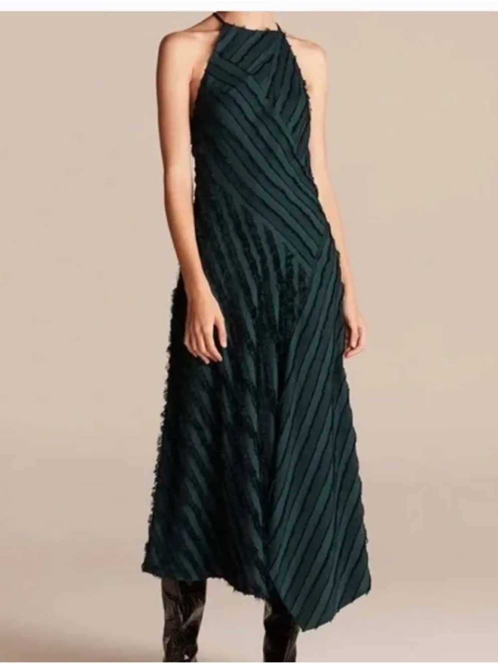 Rebecca Taylor Dark Green Textured Halter Maxi Dress
